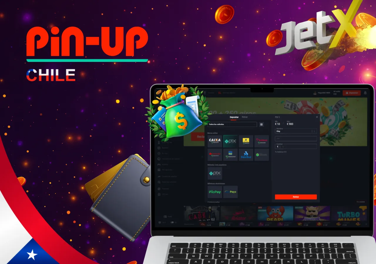 Métodos de pago en Pin-Up Chile para jugadores JetX mostrados en computadora junto a íconos de billetera digital